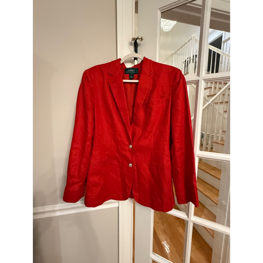 Lauren Ralph Lauren Red 100% Linen Blazer Silver Crest Button Jacket Womens 10